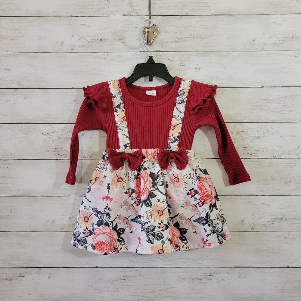 Red Floral Suspender One Piece Long Sleeve Dress for Kids Size‎ 12-18 M